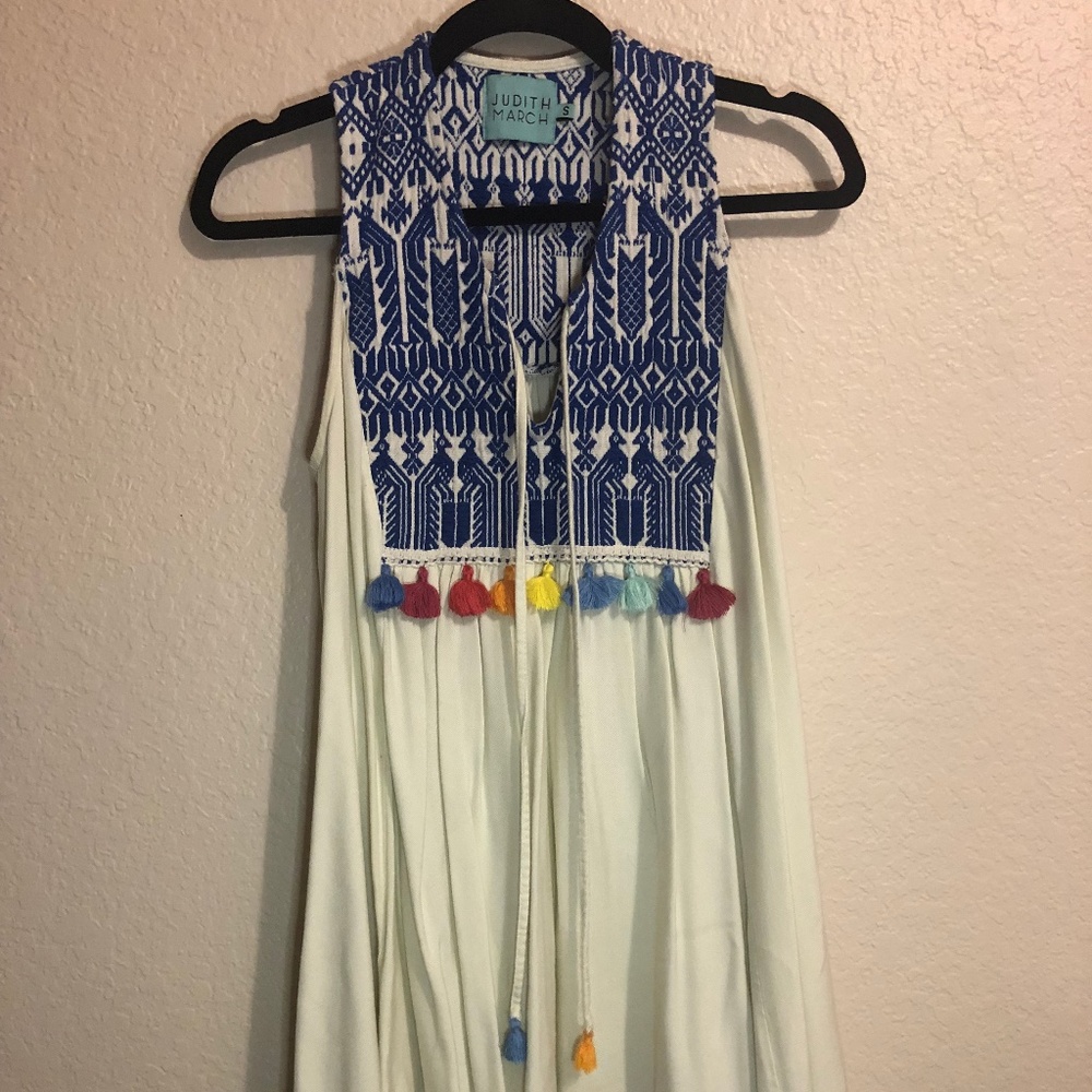 Judith March Embroidered Cream & Blue Dress